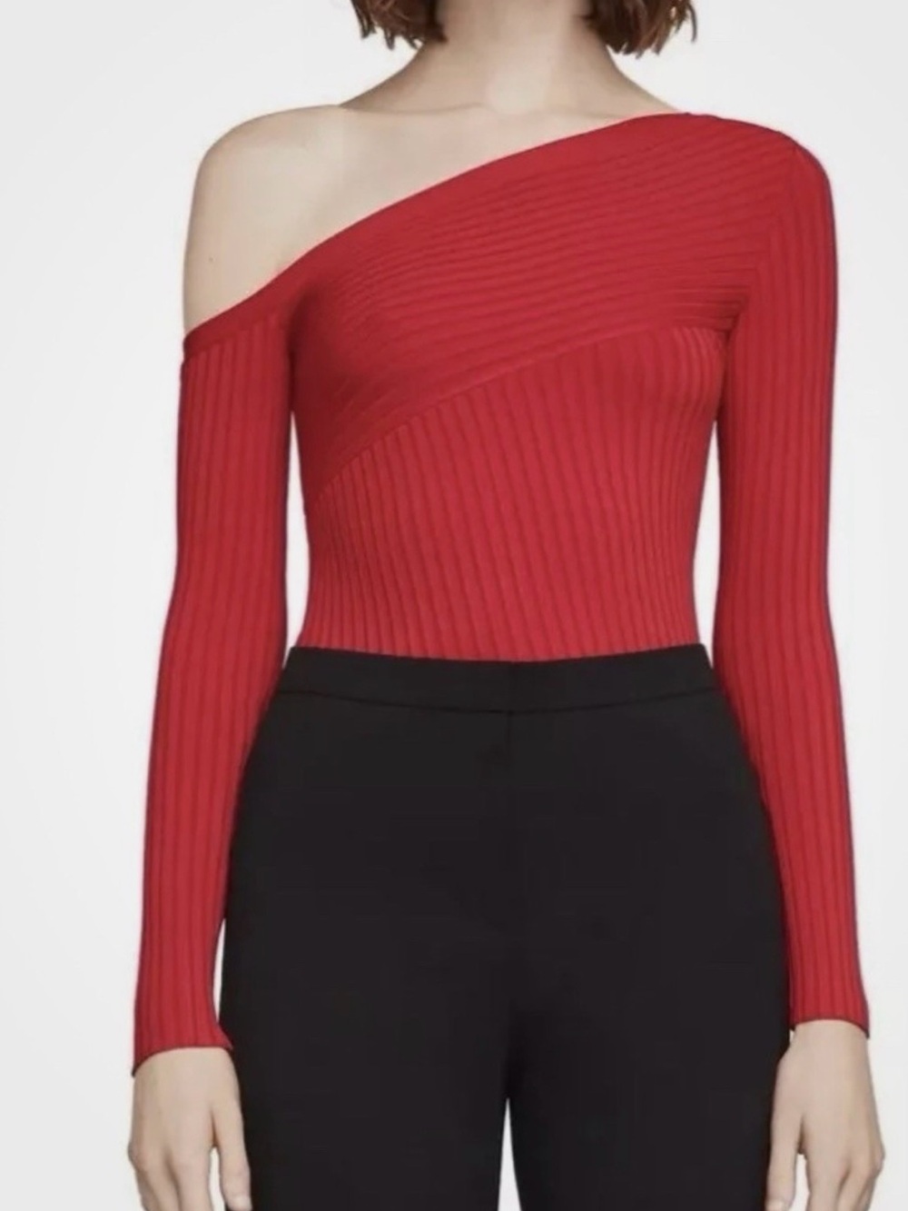 BCBGMaxAzria | Red Asymmetric One-Shoulder Ribbed Sweater